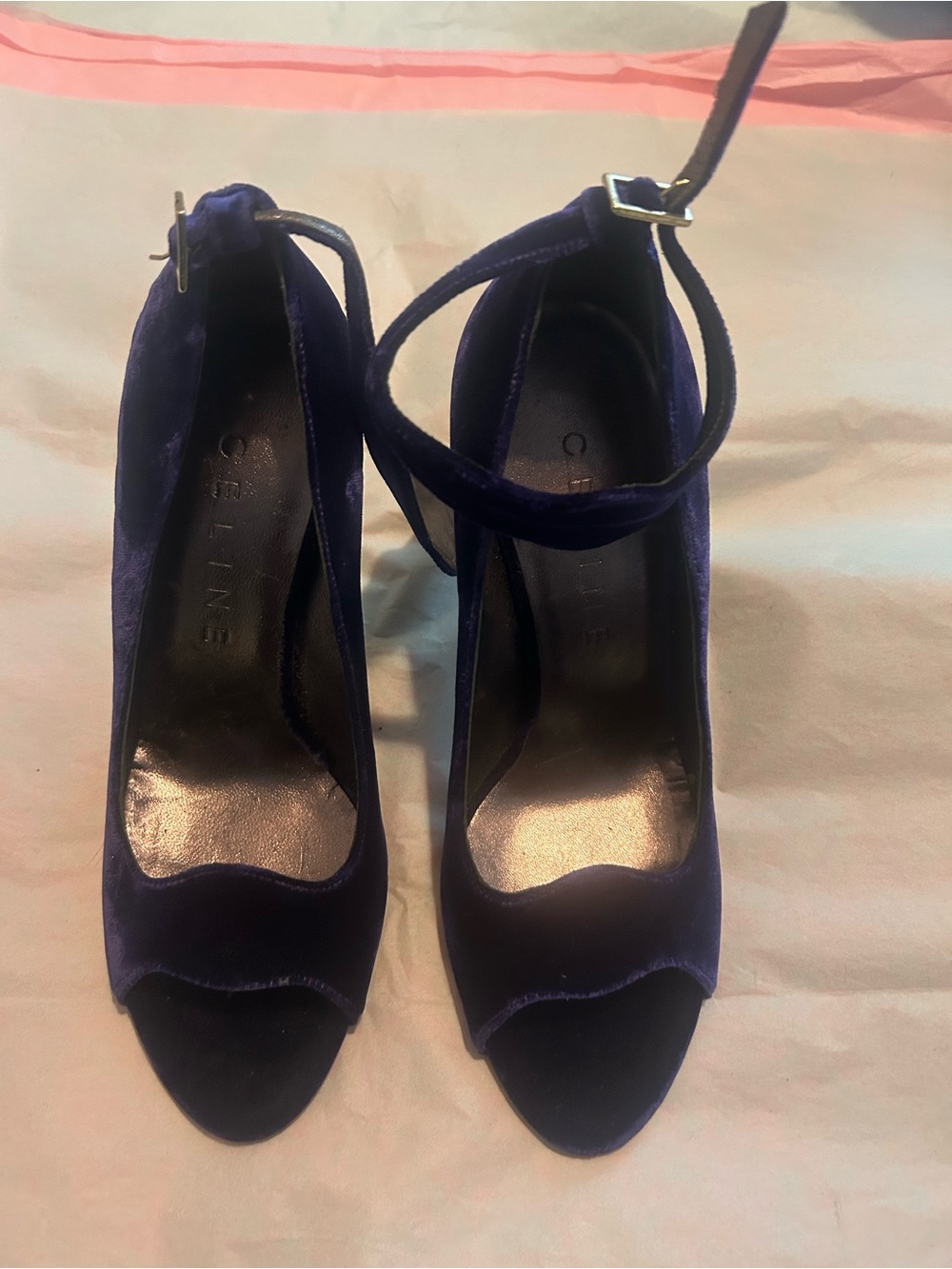 Celine Deep Purple Velvet Ankle-Strap Peep-Toe Heels